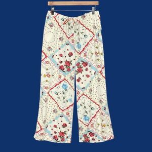 Coastal Cottagecore Wide Leg Linen Blend Pants Womens L Pull On Boho Chic Flowy